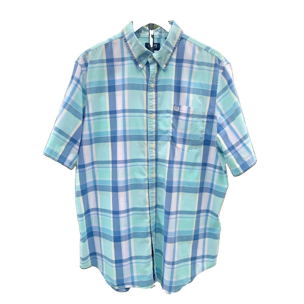 Chaps Men XL Blue Mint Green Plaid Stretch Short Sleeve Button Down Shirt Pocket